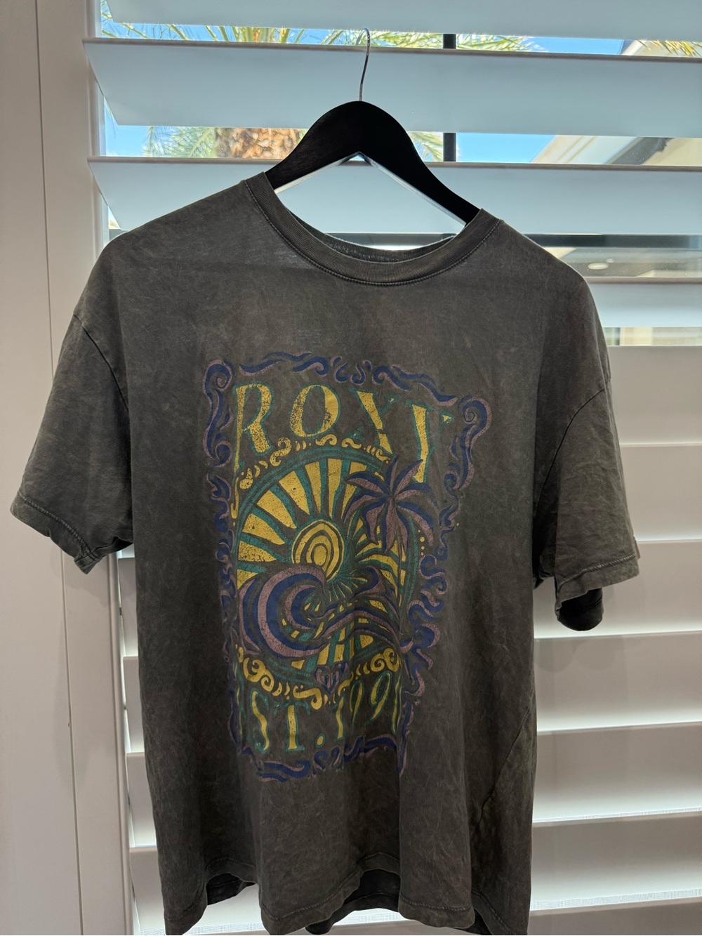 Roxy Graphic Tee in Washed Black with Multicolor Print
